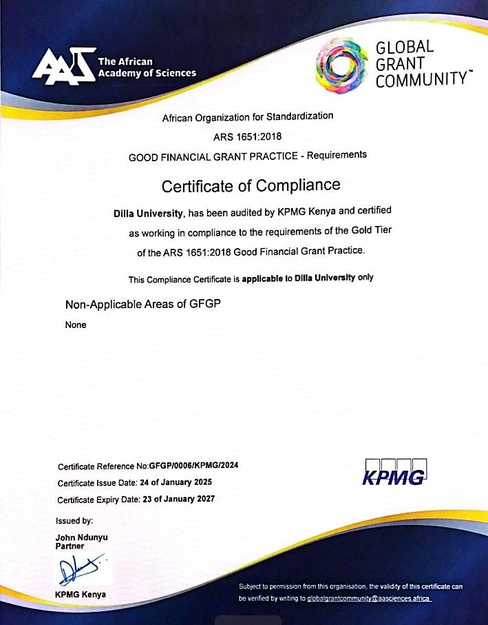 Dilla University became the first Ethiopian Public university Certified on a Good Financial Grant Practice (GFGP)